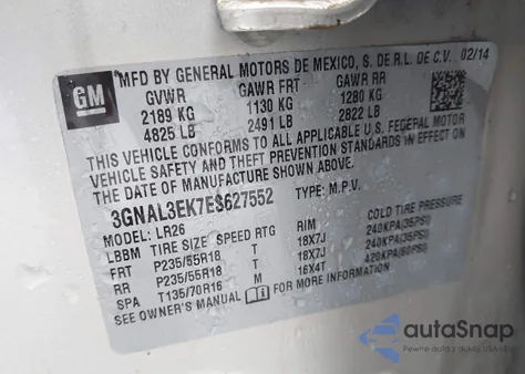 2014 Chevrolet Captiva Sport Lt z USA, uszkodzony, nr VIN 3GNAL3EK7ES627552